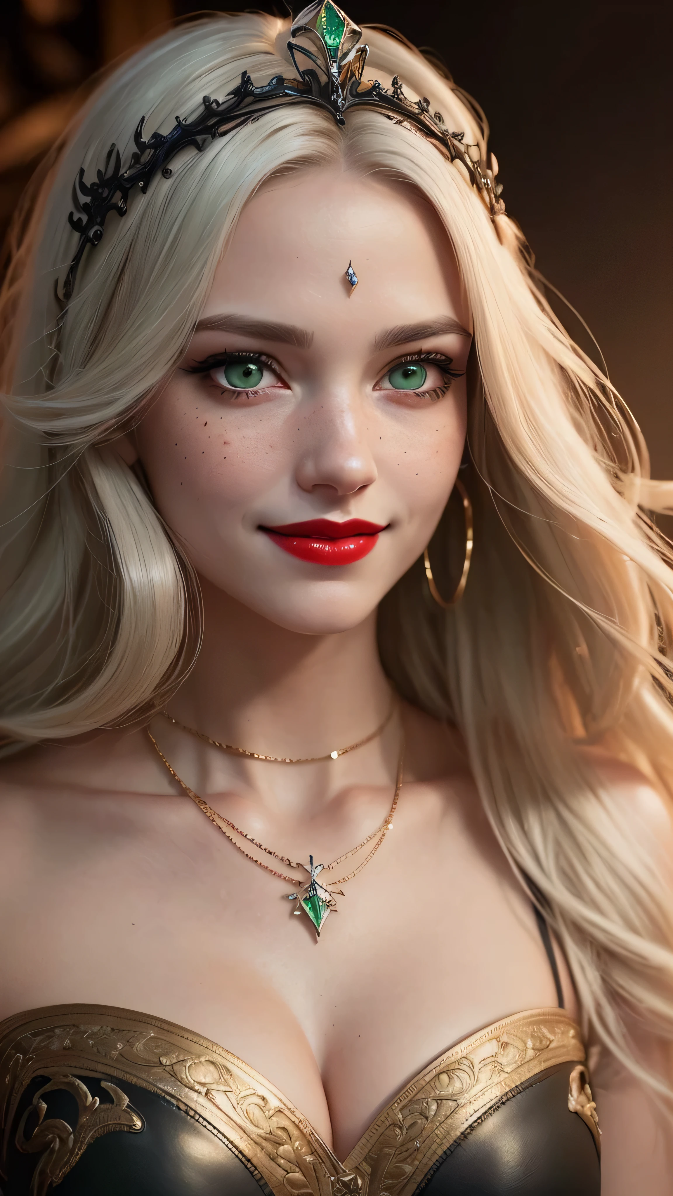 ((best quality: 1.5)) ((masterpiece: 0.8)), intricate details, sharp focus, professional, real life, realistic representation of the face, dim volumetric lighting, dynamic pose, in the style of realistic and hyper detailed renderings BREAK ((((detailed mature 40year elven woman, ((blackout gothic eye makeup, decolletage, red lips, strong square cleft chin, smiling), diamond tiara, golden hour, pale green eyes, long wavy white hair, fur trim leather dress)), emerald necklace), nose piercing), freckles: 1.0), photorealistic, hyper-realistic, 8K