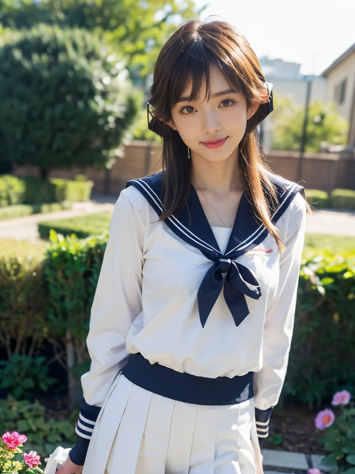 ((((highest quality))))、(((Ultra-precision CG16K wallpaper)))、(((masterpiece)))、(((Super detailed)))、(((super extreme details)))、1people's women、mature woman、25 year old woman、((Japanese face))、((very beautiful face))、((Asuka Saito:1.5))、((soft wave short bob hair:1.3))、(shiny hair)、bangs up to eyebrows、beautiful brown hair、beautiful delicate eyes、brown eyes、raised eyebrows、high nose、small nostrils、small mouth、seductive lips、mouth slightly open、beautiful breasts、C cup size breasts、cleavage、plump body、perfect proportions、perfect anatomy、perfect composition、beautiful detailed shading、beautiful natural lighting、beautiful detail glow、Depth of bounds written、(((High chroma)))、(((real:1.9)))、((vivid:1.4))、((beautiful skin))、((skin texture))、((realな皮膚感))、(((cowboy shot:1.5)))、((Angle seen from the front:1.5))、((smile:1.4))、(Eyes looking at me:1.5)、bright sunshine、(((garden:1.3)))、(standing pose:1.5)、(((high school girl uniform、Sailor suit wearing:1.5)))、