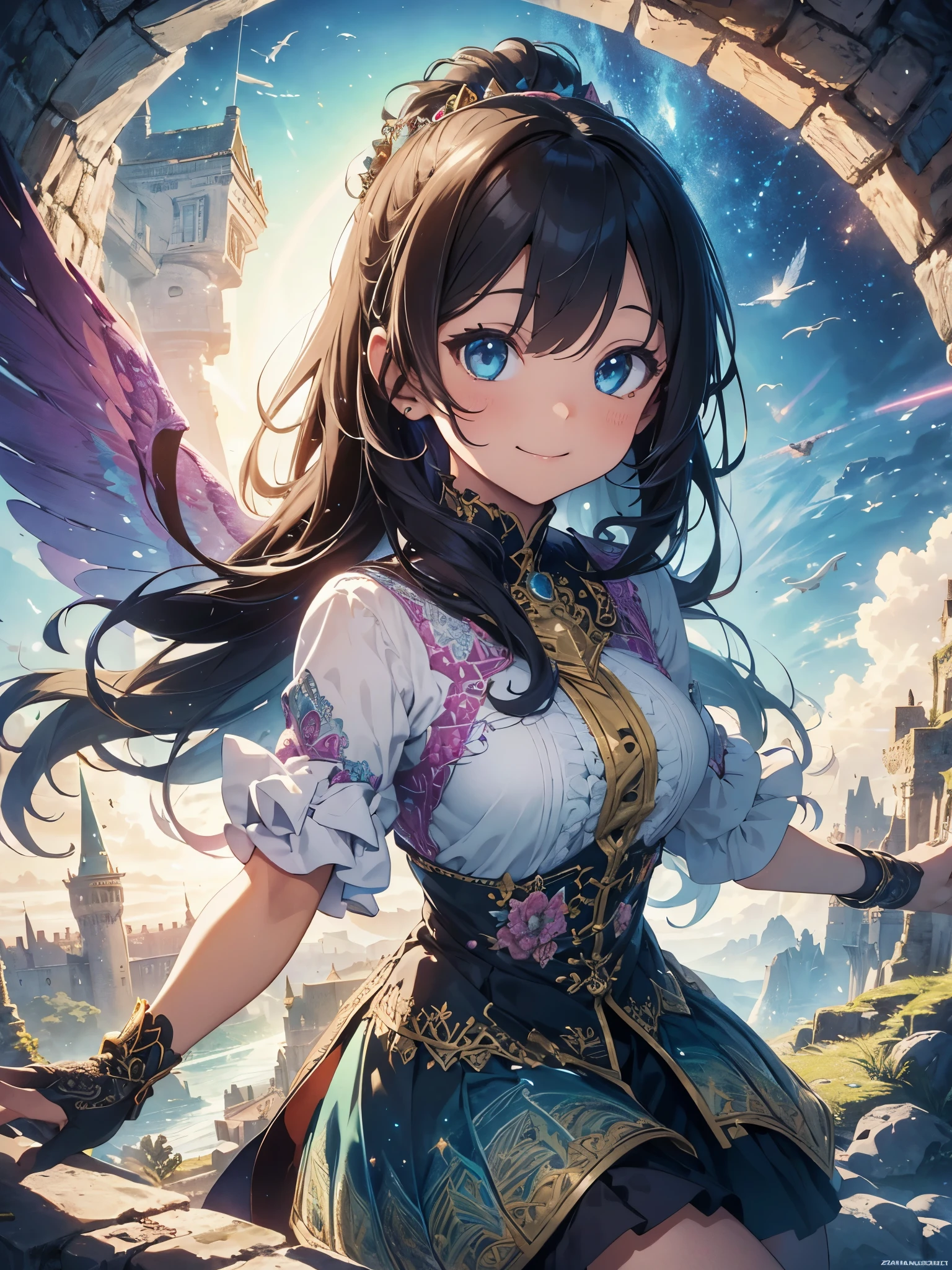 A beautiful girl in a short skirt holding a sword and a bird, outside, night, (magical girl), violet leotard, fluffy layered skirt, thigh highs, bow, wand, wings, flying, floating, big rounds breasts, dark brown hair, long bangs, french braid, long hair, wavy hair, expressive hair, shiny hair, hairclip, hair ribbon, jewelry, aqua eyes, glowing eyes, pupils sparkling, earrings, blush, light smile, shy, embarrassed, nervous smile, beautiful detailed eyes, natural lighting, high detail, anime, anime style, depth of field, cinematic lighting, game CG, dithering, image fill, multiple views, wide shot, from above, from behind, from below, atmospheric perspective, perspective, panorama, Wide-Angle, f/1.8, 85mm, Nikon, 8k, super detail, masterpiece, retina, masterpiece, accurate, anatomically correct, textured skin, high details, best quality, highres, 16k