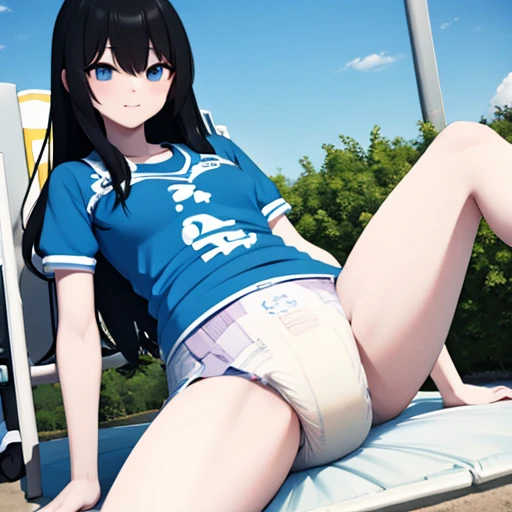 cute kpop girl, pee diaper, wet diaper, tight diaper, full diaper, smile, dark blue eyes, long hair, black hair, playground, sunny, outside, playplace, sand, beach, waterpark, amusement park, realistic, 3d, 2.5d, photorealistic, 3d render, real, detailed, 3d animated, hyperrealistic, 3d girl, realistic