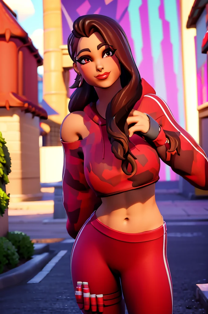 Ruby , (fortnite),1girl, solo, long hair, looking at viewer, smile, breasts, city background, butt, bare shoulders, tight shirt, closed mouth, portrait, red sweatshirt, skin tight pants, red sports pants, seductive, realistic, best quality, masterpiece, ultra detail, ultra high res, extreme detail, 8k, uhd