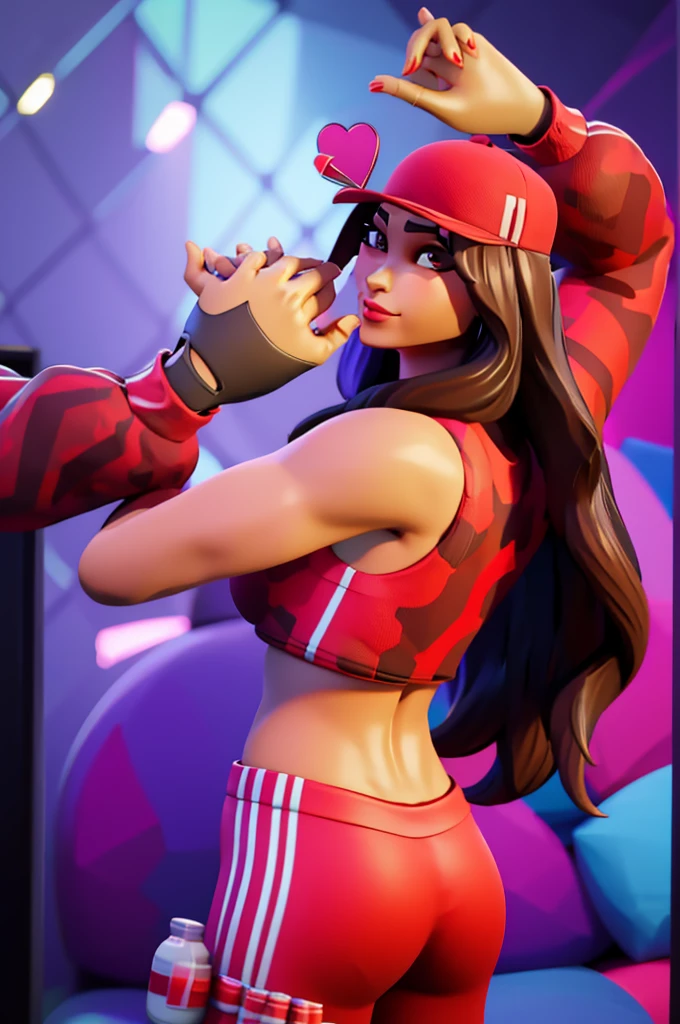 Ruby , (fortnite),1girl, solo, long hair, looking at viewer, smile, breasts, city background, butt, bare shoulders, tight shirt, closed mouth, portrait, red sweatshirt, skin tight pants, red sports pants, seductive, realistic, best quality, masterpiece, ultra detail, ultra high res, extreme detail, 8k, uhd