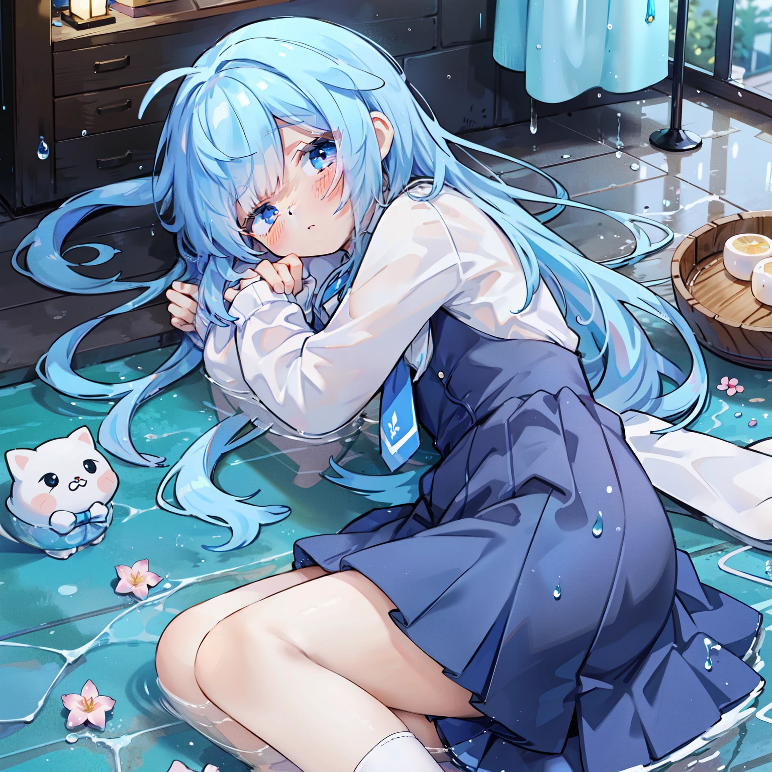 girl immersed in sadness. girl lying on the water surface、surrounding blue cluster amaryllis、high angle. 彼女はbeautiful顔と明るい色の輝く目をしています. He wears a uniform consisting of a white shirt and blue knitted vest..Blue Chest Ribbon、blue check skirt. Detail view. white and blue motif、Expressionless、sad. High resolution. fantasy、fantasy、Dark light blue hair、drizzling rain、white and blue clothes、cute girl、beautiful、messy hair、long hair