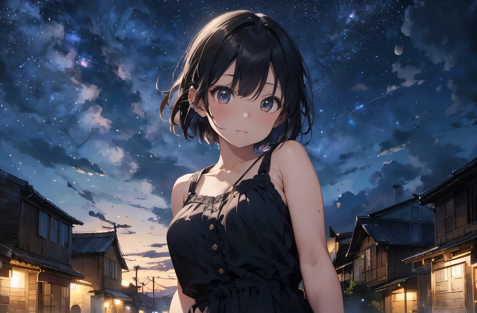highest quality, masterpiece, High resolution, masterpiece, 8K, very detailed, best illustrations, beautiful and fine eyes, Detailed details, 20-Ladies, hyper detail, perfect hands, beautiful artwork, Master Quality, best shadows, Lighting that emphasizes character, realistic facial details, realism, 3d face, 浮遊するmasterpiece, highest quality, colorful hair, 1 girl, bangs, short hair, huge breasts, barefoot，white tank top、ky sky， star （sky sky）， landscape， star空， night，lake，Yamakawa，rios，Summer background, 1 girl， near sky， solo， exterior， build，star cloud， cloud， Milky Way， Sit down， vegetation， white long hair， city， silhouette， 都city景観 - S500