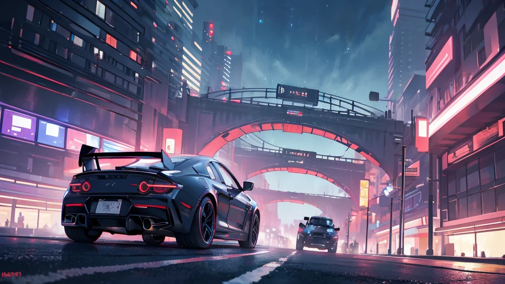 (black supercar, car racing), (cyberpunk city, seaside, blue neon, starry sky), (8k, extremaly detailed, lighting like a movie, lense flares)