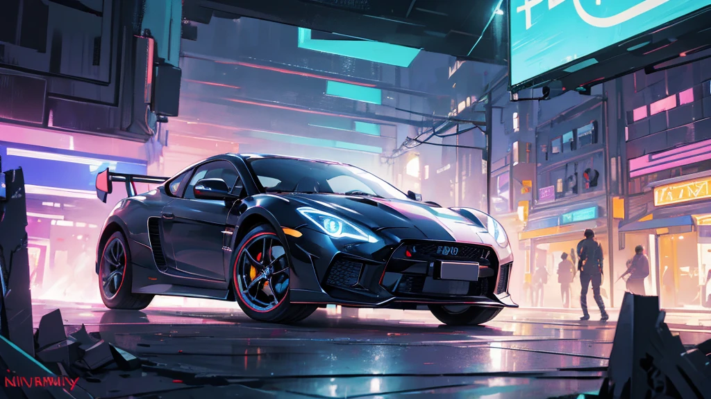(black supercar, car racing), (cyberpunk city, seaside, blue neon, starry sky), (8k, extremaly detailed, lighting like a movie, lense flares)