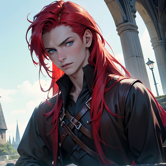 (realistic:1.37,best quality,4k,8k,highres,masterpiece:1.2),ultra-detailed, boy ,masculine,pale skin,red hair,blue eyes,medieval vampire outfit,straight hair. ( eight year:1.7).
