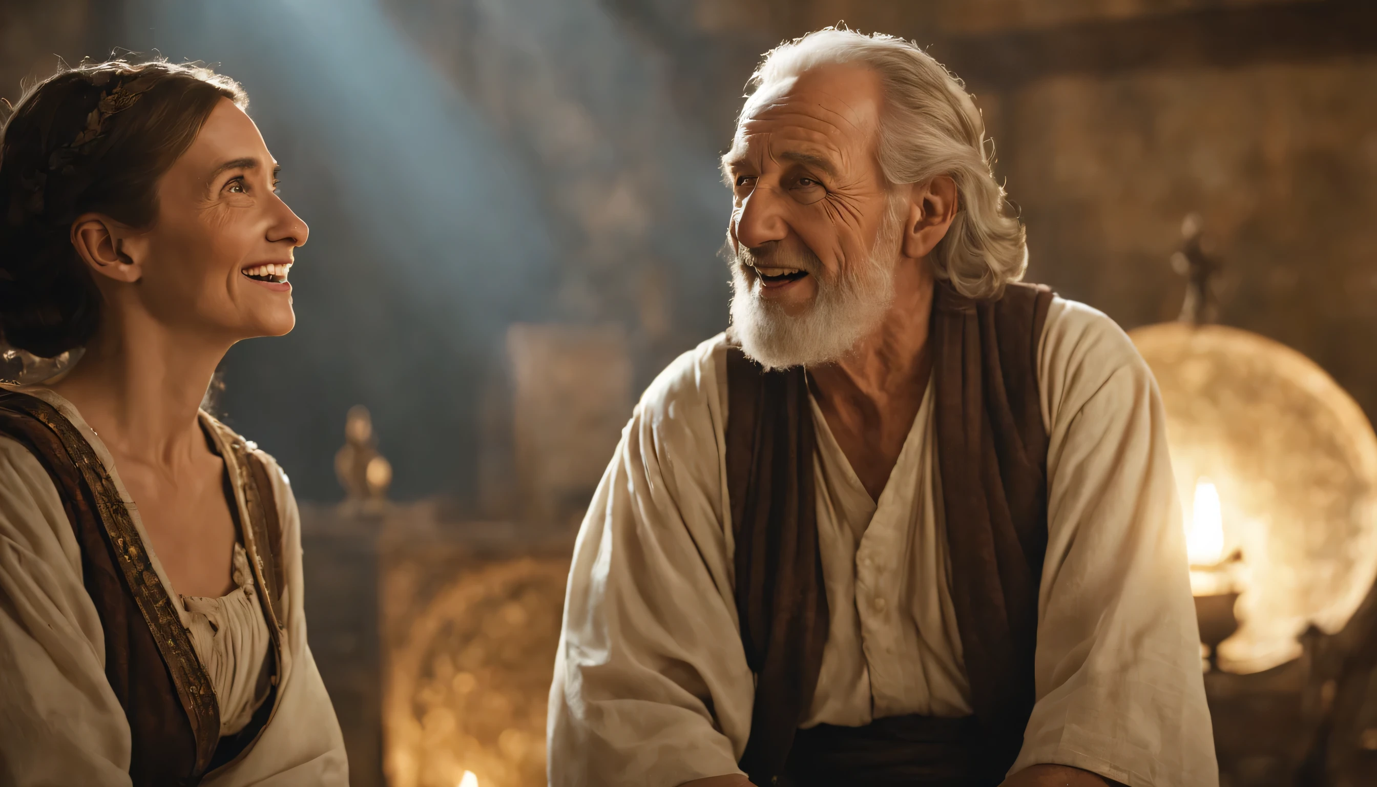 Describe the intense emotion captured in this historic image, Imagine yourself transported to the time of Moses, where a man and a woman are talking, They appear to be happy, Describe the expression of joy, on their faces, Detailed, 1080p resolution, 32k, cinematic, biblical time, ancient times, realism, fantasy, epic; old man, looking back, head turned, looking at the background, with strong epic light reflection, epic image background. Explore the atmosphere around you, high-quality photography, 3-point lighting, flash with softbox, 4k, Canon EOS R3, hdr, smooth, sharp focus, high resolution, award-winning photo, 80mm, f2.8, bokeh