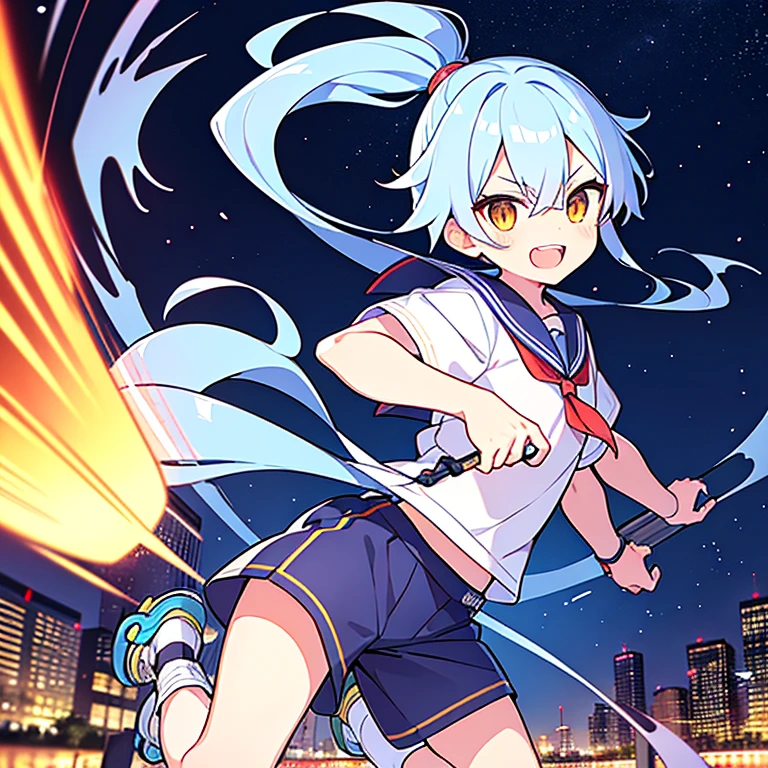 Please draw an illustration of Shōki Hasuwa.。he has yellow twintail hair、It is characterized by slanted eyes and a smile with jagged teeth.。Wearing a sailor shirt and long pants、There are roller blades at my feet。How he demonstrates his spinning ability、Please express the image of running around the city at night.。Make sure his facial expressions and poses show a glimpse of his calm personality and readiness for battle.。