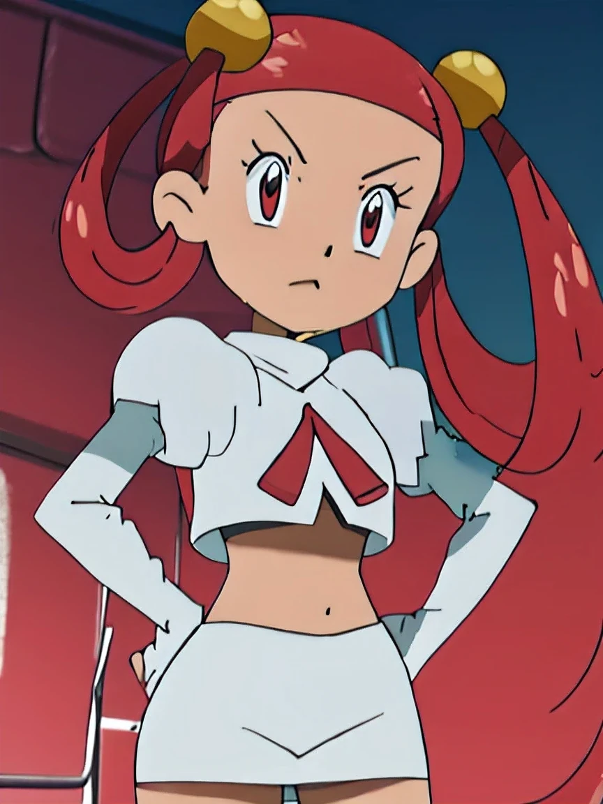 team rocket uniform, red letter r, white skirt,white crop top,black thigh-high boots, black elbow gloves, glaring angrily, looking at viewer, hands on hips, full body seen