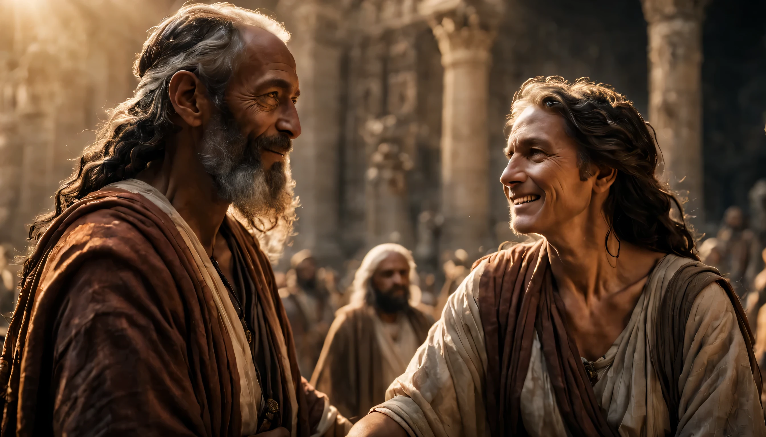 Describe the intense emotion captured in this historic image, Imagine yourself transported to the time of Moses, where a man and a woman are talking, They appear to be happy, Describe the expression of joy, on their faces, Detailed, 1080p resolution, 32k, cinematic, biblical time, ancient times, realism, fantasy, epic; old man, looking back, head turned, looking at the background, with strong epic light reflection, epic image background. Explore the atmosphere around you, high-quality photography, 3-point lighting, flash with softbox, 4k, Canon EOS R3, hdr, smooth, sharp focus, high resolution, award-winning photo, 80mm, f2.8, bokeh