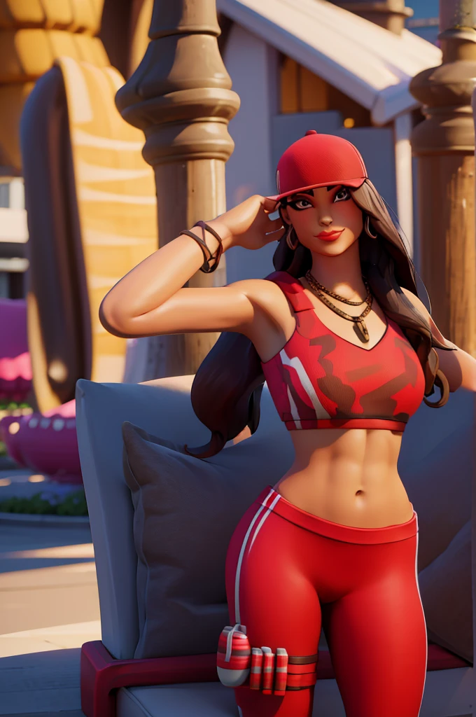 Ruby , (fortnite),1girl, solo, long hair, looking at viewer, smile, breasts, city background, butt, bare shoulders, tight shirt, closed mouth, portrait, red sweatshirt, skin tight pants, red sports pants, seductive, realistic, best quality, masterpiece, ultra detail, ultra high res, extreme detail, 8k, uhd