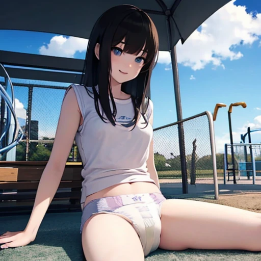 cute kpop girl, pee diaper, wet diaper, tight diaper, full diaper, smile, dark blue eyes, long hair, black hair, playground, sunny, outside, playplace, sand, beach, waterpark, amusement park, realistic, 3d, 2.5d, photorealistic, 3d render, real, detailed, 3d animated, hyperrealistic, 3d girl, realistic