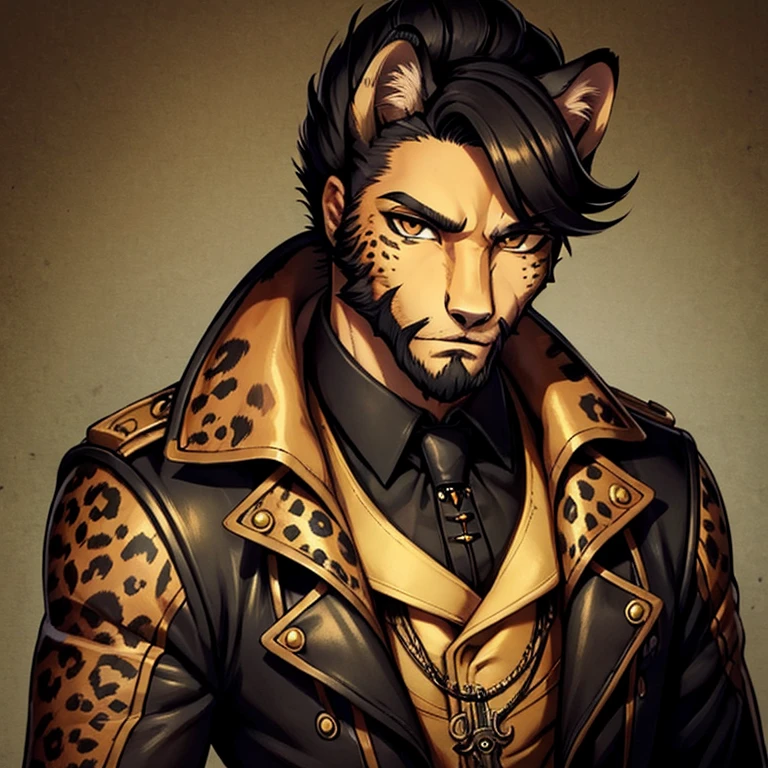 Cheetah-human, cheetah head, cheetah face, male, hair, black hair, steampunk clothes, antro, solo, non-human, hair, beard, steampunk, old