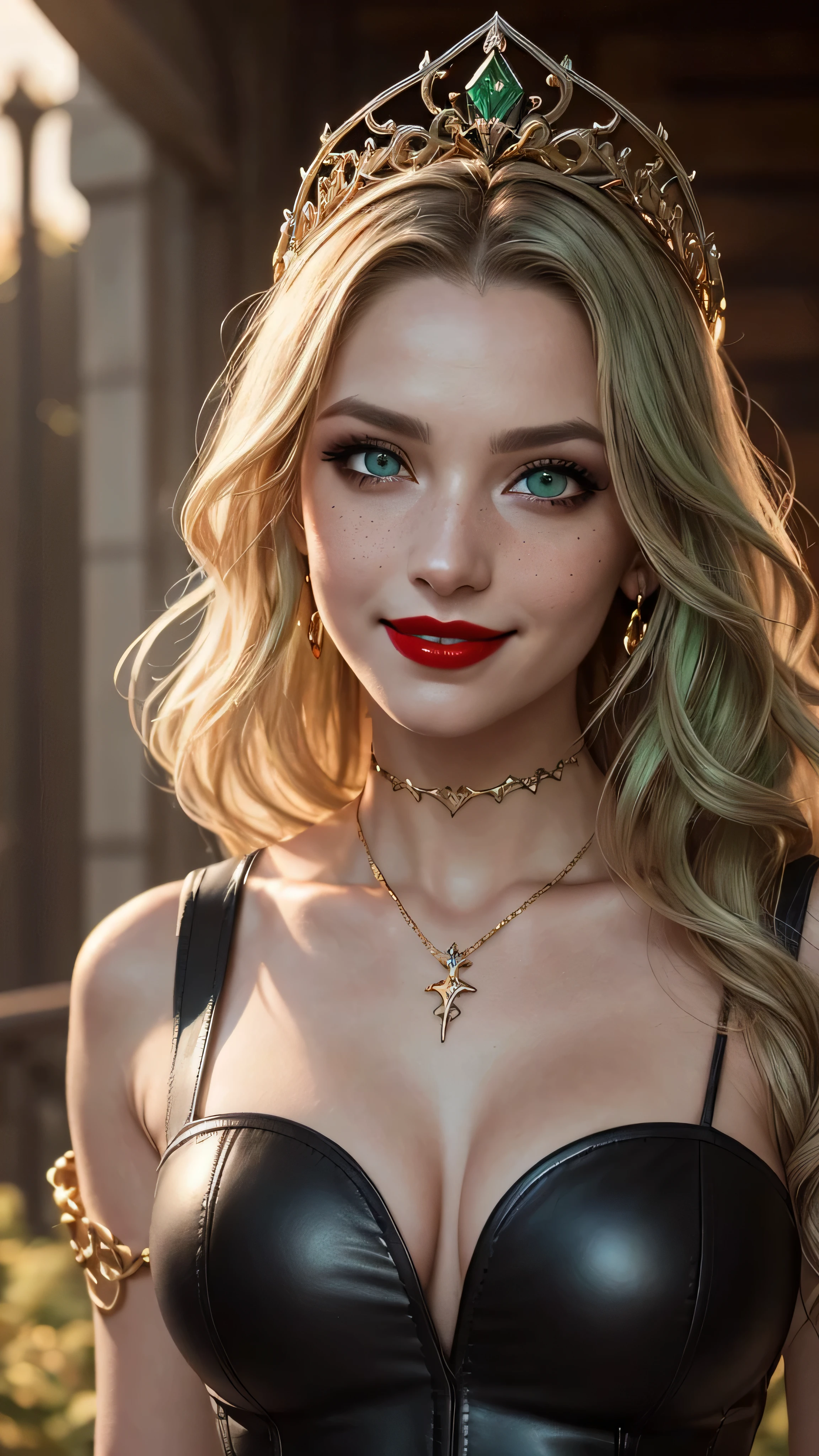 ((best quality: 1.5)) ((masterpiece: 0.8)), intricate details, sharp focus, professional, real life, realistic representation of the face, dim volumetric lighting, dynamic pose, in the style of realistic and hyper detailed renderings BREAK ((((detailed mature 40year elven woman, ((blackout gothic eye makeup, decolletage, red lips, strong square cleft chin, smiling), diamond tiara, golden hour, pale green eyes, long wavy white hair, fur trim leather dress)), emerald necklace), nose piercing), freckles: 1.0), photorealistic, hyper-realistic, 8K
