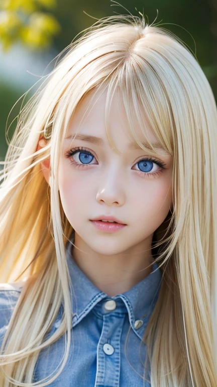 very beautiful face、Beautiful, extremely long blonde hair dancing in the strong wind、Bangs swaying between eyes、12 year old cute bright blue big eyed blonde girl、very big eyes、hair above eyes、片hair above eyes、hair between eyes、small face beautiful girl、cheek gloss highlight、Extremely pure white skin