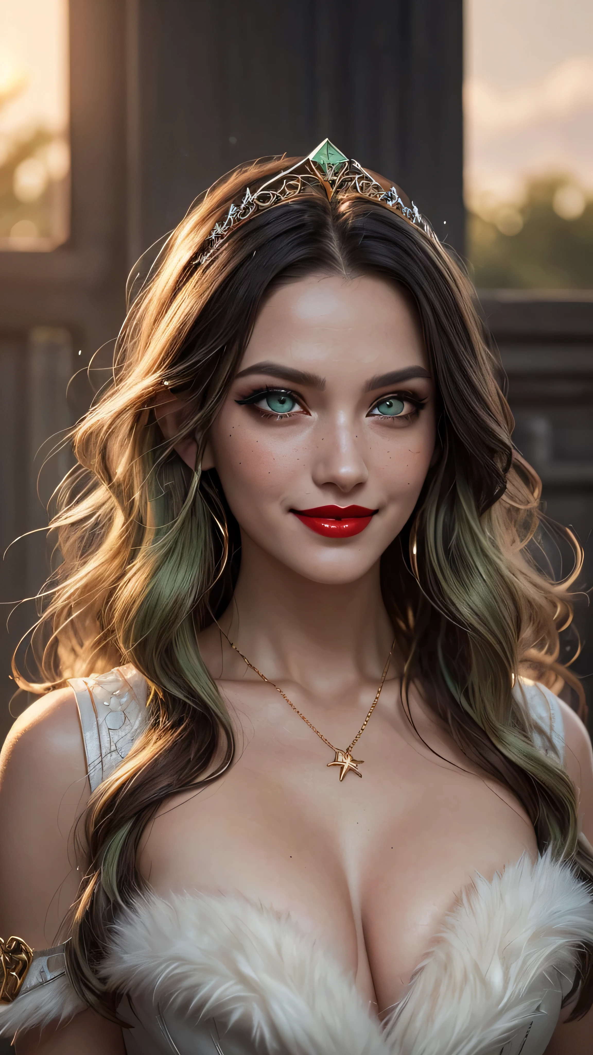 ((best quality: 1.5)) ((masterpiece: 0.8)), intricate details, sharp focus, professional, real life, realistic representation of the face, dim volumetric lighting, dynamic pose, in the style of realistic and hyper detailed renderings BREAK ((((detailed mature 40year elven woman, ((blackout gothic eye makeup, decolletage, red lips, strong square cleft chin, smiling), diamond tiara, golden hour, pale green eyes, long wavy white hair, fur trim leather dress)), emerald necklace), nose piercing), freckles: 1.0), photorealistic, hyper-realistic, 8K