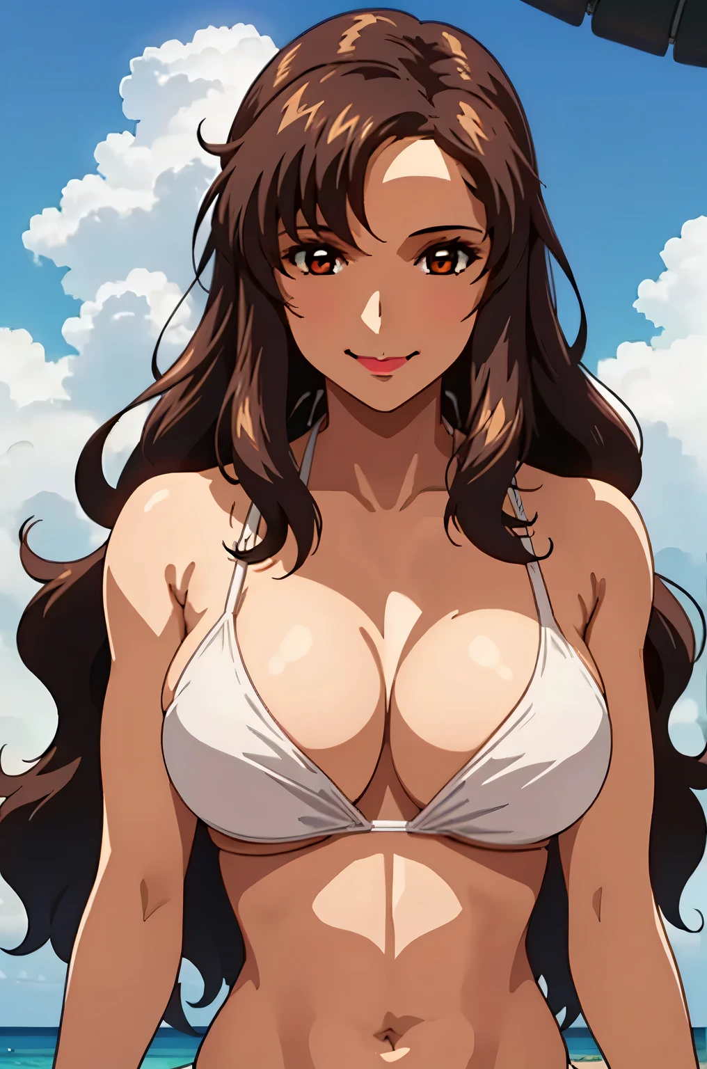 1 female, mature woman, dark brown hair, smile gently, big and full breasts, cleavage, white bikini, Upper body, (Composition from the front:1.5), sunlight, beach