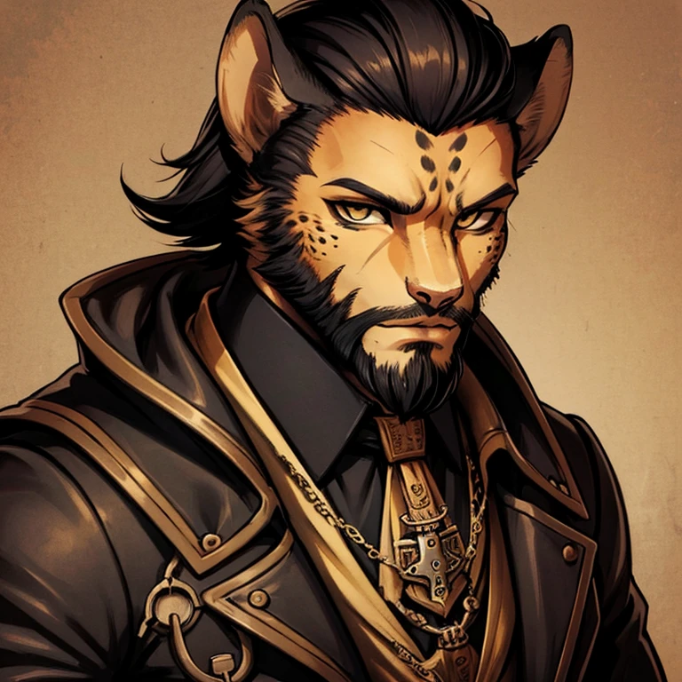 Cheetah-human, cheetah head, cheetah face, male, hair, black hair, steampunk clothes, antro, solo, non-human, hair, beard, steampunk,