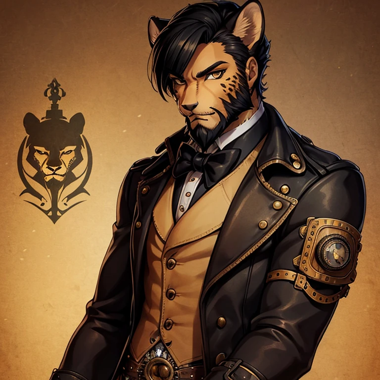 Cheetah-human, cheetah head, cheetah face, male, hair, black hair, steampunk clothes, antro, solo, non-human, hair, beard, steampunk,