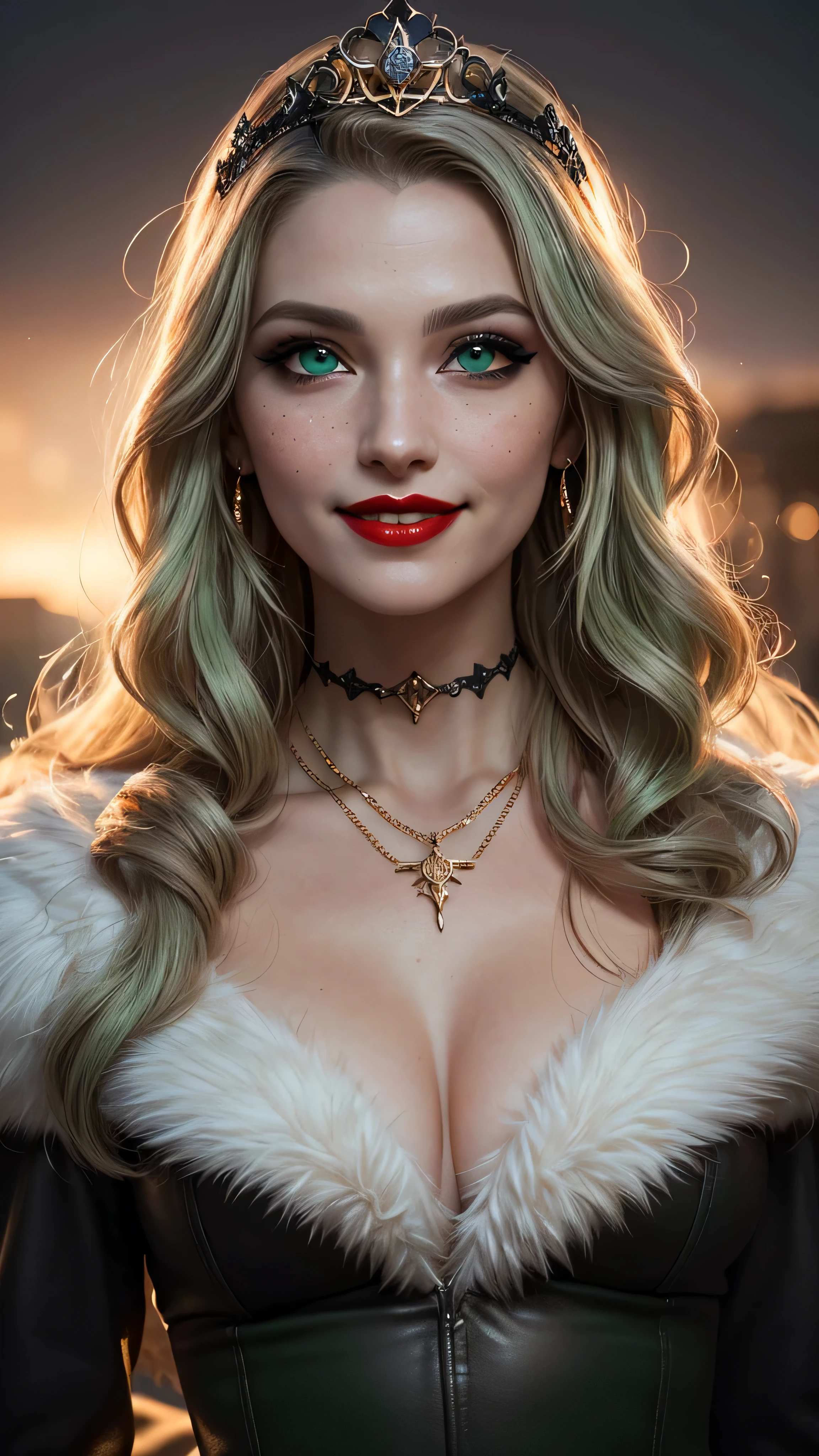 ((best quality: 1.5)) ((masterpiece: 0.8)), intricate details, sharp focus, professional, real life, realistic representation of the face, dim volumetric lighting, dynamic pose, in the style of realistic and hyper detailed renderings BREAK ((((detailed mature 40year elven woman, ((blackout gothic eye makeup, decolletage, red lips, strong square cleft chin, smiling), diamond tiara, golden hour, pale green eyes, long wavy white hair, fur trim leather dress)), emerald necklace), nose piercing), freckles: 1.0), photorealistic, hyper-realistic, 8K