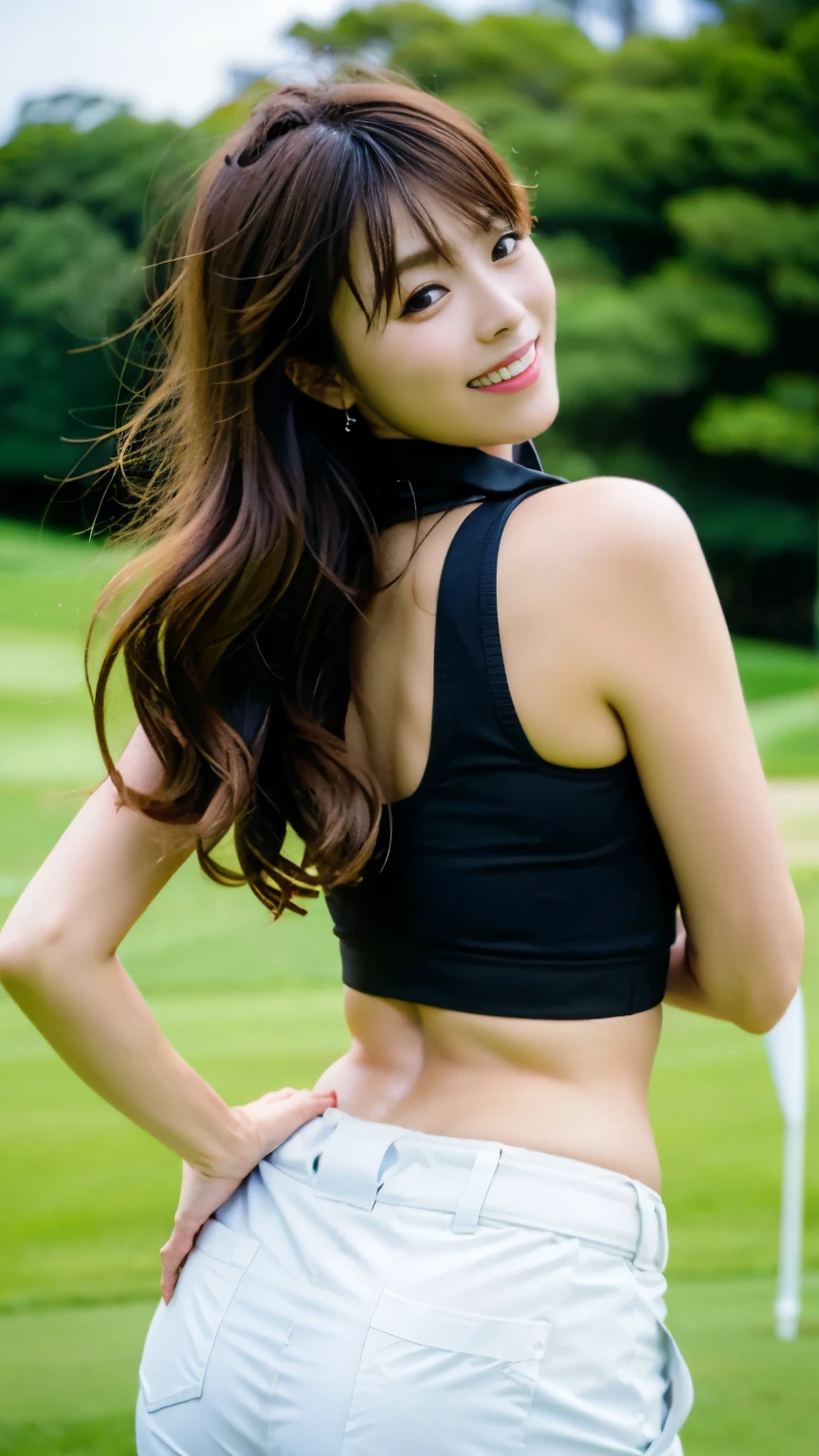 (((perfect anatomy))),(((A beautiful professional golfer in her 20s relaxes with a driver in front of a large gallery on the first hole of a golf course on a hot summer day, enlivens the venue with her best smile, and captivates the audience.))),Wearing a short-sleeved collared polo shirt, a tight miniskirt, and golf shoes, she stands with her hands on her hips and her knees together next to her caddy bag, looking over her shoulder at the camera.,(((Ulsan-6500))),(((Beautiful background bokeh with deep depth of field created by Hasselblad))),Sexy cinched waist and upward hips,masterpiece,highest quality,ultra high resolution,High detailed full body portrait,tall nose and beautiful face,limbs like a model,The fair-skinned nape of the neck is dazzling,(((Her slender waist and slender hips are a beauty that captivates viewers.))),Pose with one hand on the caddy bag and one leg raised,((Full body photo taken from a low position on the side)),cute 20 year old,She has long beautiful shiny chestnut hair and is very cute.,(Her proud F cup breasts shine),long eyelashes and large eyes,,Clear double eyelids,((Glossy thick lips)),perfect anatomy,