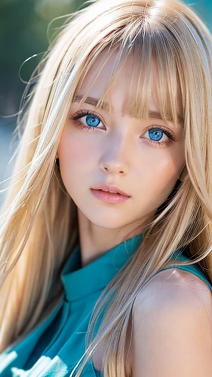 very beautiful face、Beautiful, extremely long blonde hair dancing in the strong wind、Bangs swaying between eyes、 cute bright blue big eyed blonde girl、very big eyes、hair above eyes、片hair above eyes、hair between eyes、small face beautiful girl、cheek gloss highlight、Extremely pure white skin