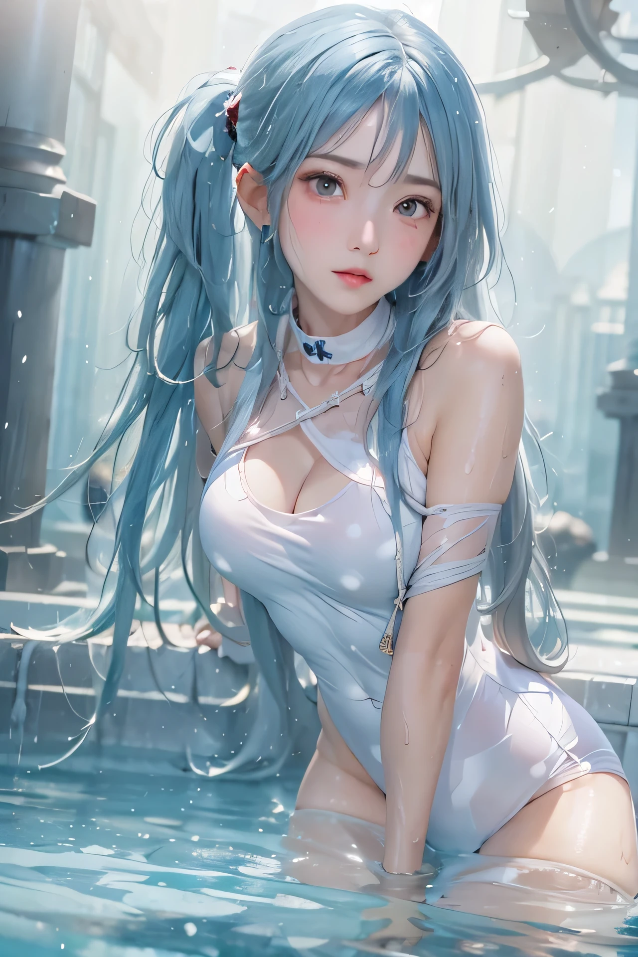 (photorealistic:1.3, highest quality:1.3,8Kmasterpiece, masterpiece:1.3,High resolution,muste piece:1.2),A 23-year-old woman bathed in a hot spring,(white leotard:1.3,choker), Clean wet skin, (looking at the camera:1.2),angle(Photo seen from below:1.3),(short hair:1.2,bright blue hair:1.5), (blushing:1.3,embarrassing:1.1,Smile:1.1), (full of sweat:1.3),Red rope,(rope bondage,Shibari:1.6, chest bondage:1.5),Pause(足を広げた大胆なPause,ダイナミックPause:1.2),background(open-air bath,steam,vapor,snow scene,snow mountain:1.3, sunrise:1.3),(Wet clothes stuck to my skin:1.4),(Nipples visible through clothing),(genitals visible through clothing),(Butt visible through clothes),(slender, abs:1.2),(young skinny gravure idol, sophisticated gravure idol),(detailed perfect face),normal hands:1.5,normal finger:1:5,normal feet:1.5,(cameltoe)