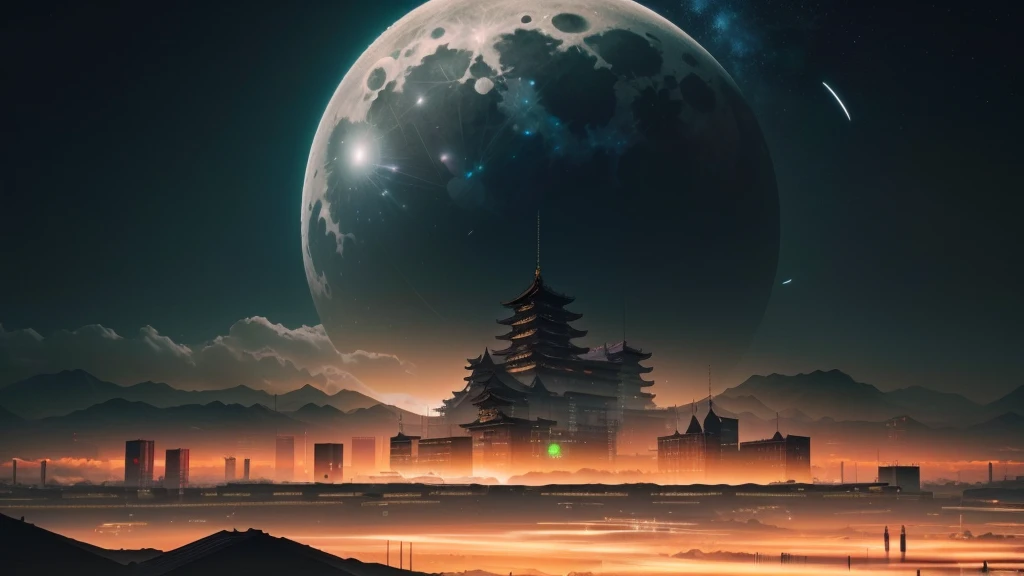 Photo taken from afar in the city with the full moon in the background, Cyberpunk Castles of Japan, 4K high-definition digital art, Earth station and beeple are high, concept art wallpaper 4k, cyberpunk japanese temple, 4k manga wallpaper, 3d render beeple, artgem and beeple masterpiece, sci-fi fantasy wallpaper、Unique to Japan