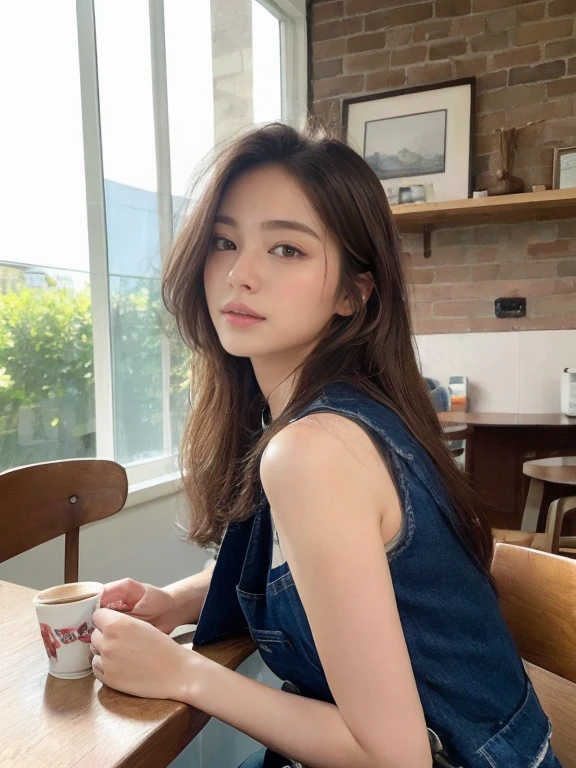 (realistic、high resolution:1.3)、1 girl with perfect body、The face shape and eyes are super thin、long hair、Vest:1 color random.2、short jeans、In the café、coffee on the table、huge 、Naked trench, 4K, HD, best quality,