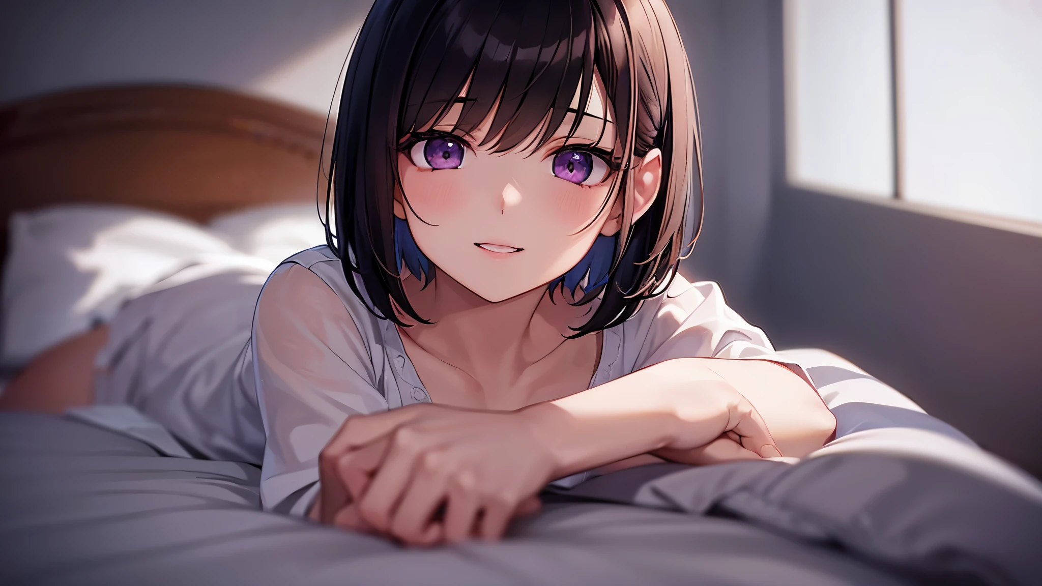 bed,smile,On all fours,Purple eyes,eyes full of madness,Yandere,1 ,boyish.Two-block shorthair,Black Hair,blush,White T-shirt,Olive green shorts,Brown Sandals,White skin,summer,From directly below,shy,Please open your mouth wide,