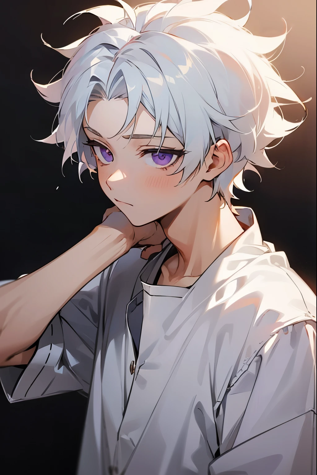 (1 boy, killua messy hairstyles, short messy hair, white hair, middle part hairstyles, semi realism, purple eyes, no hair in forehead, white shirt, messy-hairstyles)