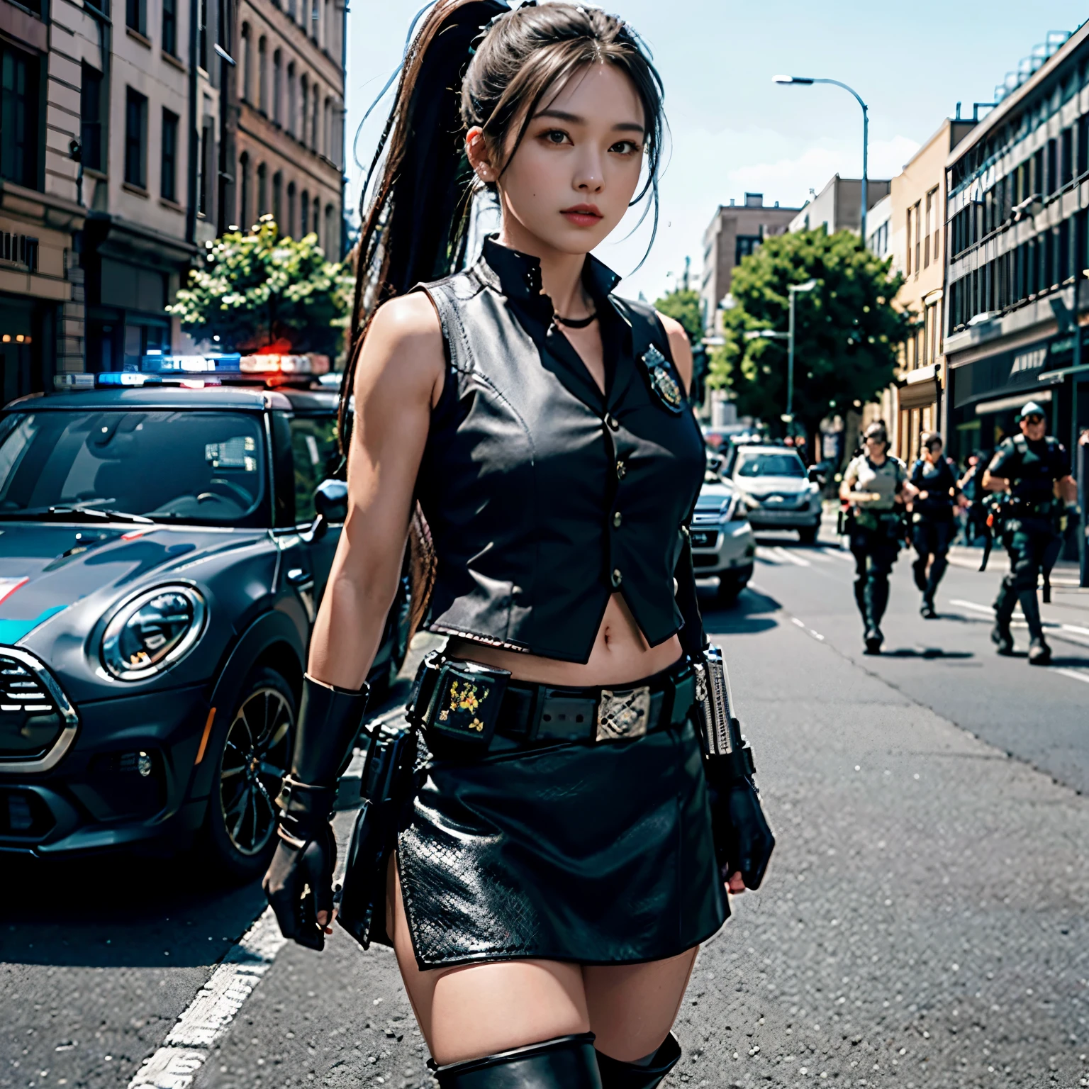 official art, Extremely detailed CG unified 8k wallpaper, best quality, masterpiece, high resolution, beautiful girl criminal, long hair, high ponytail,Black cropped vest, Brown belt, Thigh holster, body protective gear, Tactical gloves, Black mini leather skirt, police uniform style, black long flat boots, There is a badge on the chest, police cars
