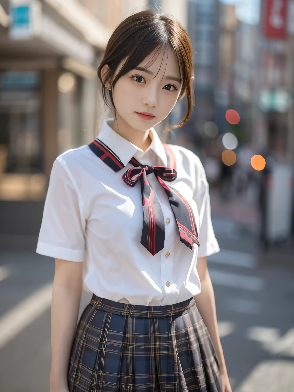 master piece，highest quality，official art，Highly detailed CG Unity 8K wallpaper，Like a ，16 year old girl，very delicate and beautiful，超High resolution，（Realistic：1.4），golden hour lighting，（Upper body），（platinum short hair：0.8），（puffy eyes），looking at the viewer，Facing Front，smile，JK skirt，uniform，（Chiayi：1.5）， master piece， best quality， RAW photography， Realistic， face， incredibly ridiculous resolution， beautiful girl， Depth of bounds written， High resolution， super detailed， small details， very detailed， 非常に詳細な目とface， sharp pupils， Realisticな生徒， fix a sharp focus， cinematic lighting