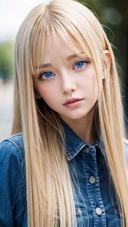 very beautiful face、Beautiful, extremely long blonde hair dancing in the strong wind、Bangs swaying between eyes、12 year old cute bright blue big eyed blonde girl、very big eyes、hair above eyes、片hair above eyes、hair between eyes、small face beautiful girl、cheek gloss highlight、Extremely pure white skin