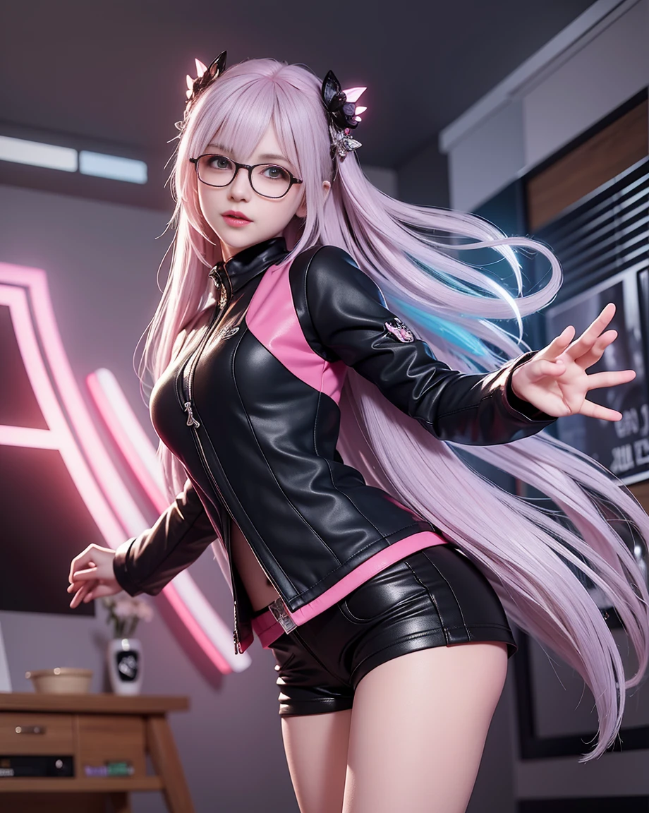 whole body, 1 girl, , alone, focus of the eye,expertly crafted glow, Pink lens flare, movie background,colorful, hyper details, HDR, highly detailed eyes, mature, Plump, Rainbow painting drops,(Supermodel:1.3), made of paint, fully painted, splat, splash, indoors, (bioluminescent hair:1.1),(shining eyes), ((compensate)), intense, powerful, splashes of colour absolutely eye-catching, dynamic angle, beautiful delicate shine, ambient occlusion, ambient light, raytraced reflections, Retro style, Living arcade characters, Arcade-style world, gloves, Jacket,arms, shorts, black gloves, black Jacket, gun, drill hair, black shorts, glasses on head, Bubble Blow, chewing gum, (cute face:1.3), --s2