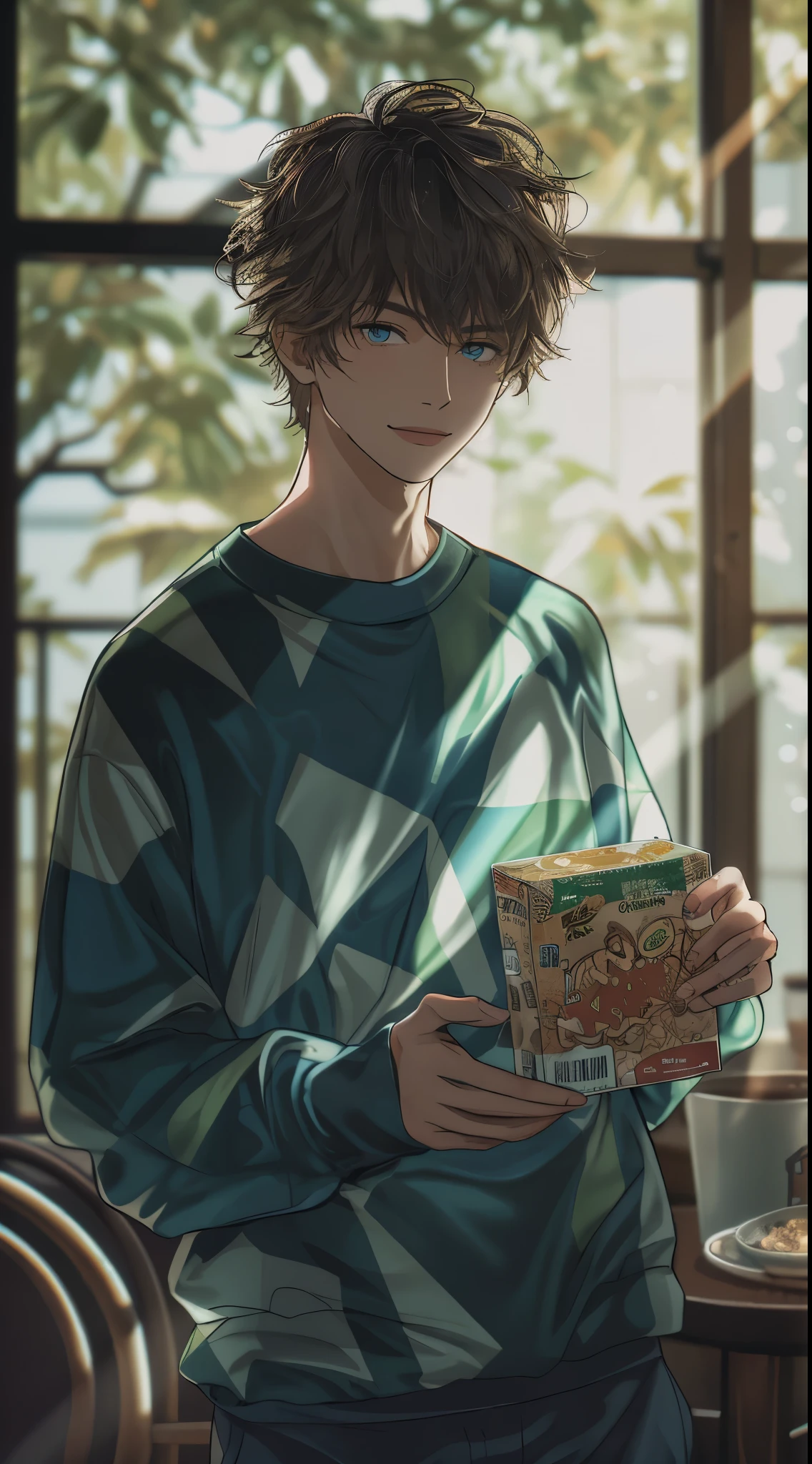 Beautiful young man, dark hair, bright light blue and green geometric sweater, holding a cereal box in one arm and about to eat with the other hand, looking at the camera, calm smile, stylish morning room in the background, large windows, modern, stylish,high quality, amount of drawing, pixiv illustration,Japanese anime, Clear line drawing, transparent watercolor, clear shading