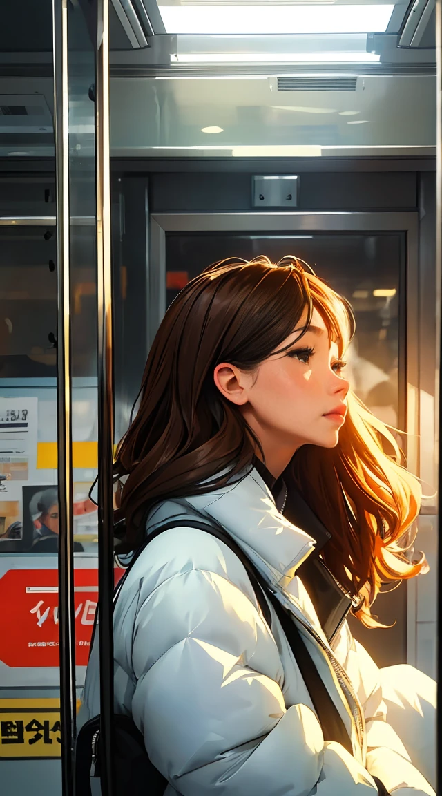 Enjoy the scenery through the glass window in front of the door where you get off the train., nostalgic melancholic artwork, Woman looking at the scenery outside the window in front of the subway door,man looking at woman,vivid colors, soft focus, Light leakage, dreamy winter atmosphere, experimental charm, Retro charm break color field painting, A variety of colors, abstract expressionism, bold hues, emotional impact, atmospheric depth, Minimalist approach BREAK, beautiful woman, UHD (ultra detail) Viewers watching him wearing hip-hop style padding.., another, fancy, long, hair dyed brown 🌈, bright padded clothing, White stardust in dark areas, absurd, high resolution, very detailed, (1 male, 1 woman : 1.3), vivid colors, soft focus, Light leakage, dreamy atmosphere, information기차에 나란히 서있는 두 사람, nostalgic melancholic artwork, Woman looking at the scenery outside the window in front of the subway door,man looking at woman,vivid colors, soft focus, Light leakage, dreamy winter atmosphere, experimental charm, Retro charm break color field painting, A variety of colors, abstract expressionism, bold hues, emotional impact, atmospheric depth, Minimalist approach BREAK, Beautiful girl, UHD (ultra detail) Viewers watching him wearing hip-hop style padding.., another, fancy, long, hair dyed brown 🌈, bright padded clothing, White stardust in dark areas, absurd, high resolution, very detailed, (1 male, 1 woman : 1.3), vivid colors, soft focus, Light leakage, dreamy atmosphere, information