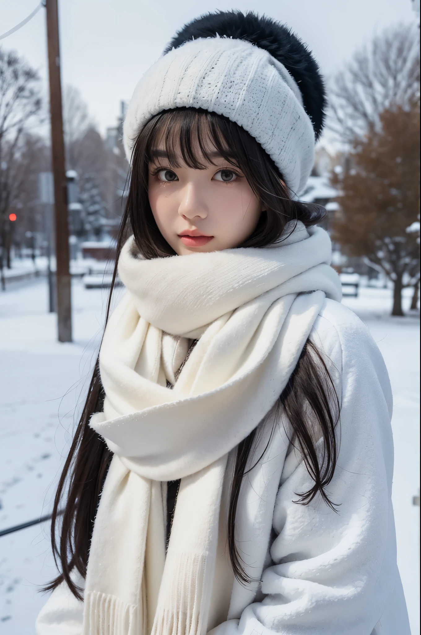 masterpiece, best quality,1girl, solo, black hair, scarf, hat, realistic, looking at viewer, black eyes, long hair, coat, winter clothes, white scarf, lips, bangs, outdoors, closed mouth, upper body