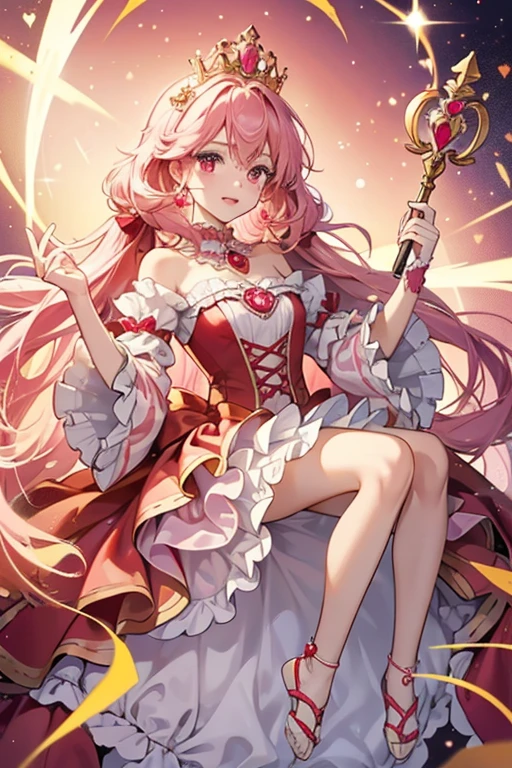 Princess Cookie has golden SKIN and pink hair with two mirrored sets of three ringlets, each with candy-striped ribbons shaped similarly to hearts. She has twinkling scarlet red eyes and wears a glittery layered pink dress with a frilly, white petticoat, pouf sleeves, and a ruffled collar with a ruby red brooch. She carries a bejeweled scepter that flaunts a crown on the tip and sports frilly gloves with rectangular cutouts on their backs. She wears no shoes. GLITTER