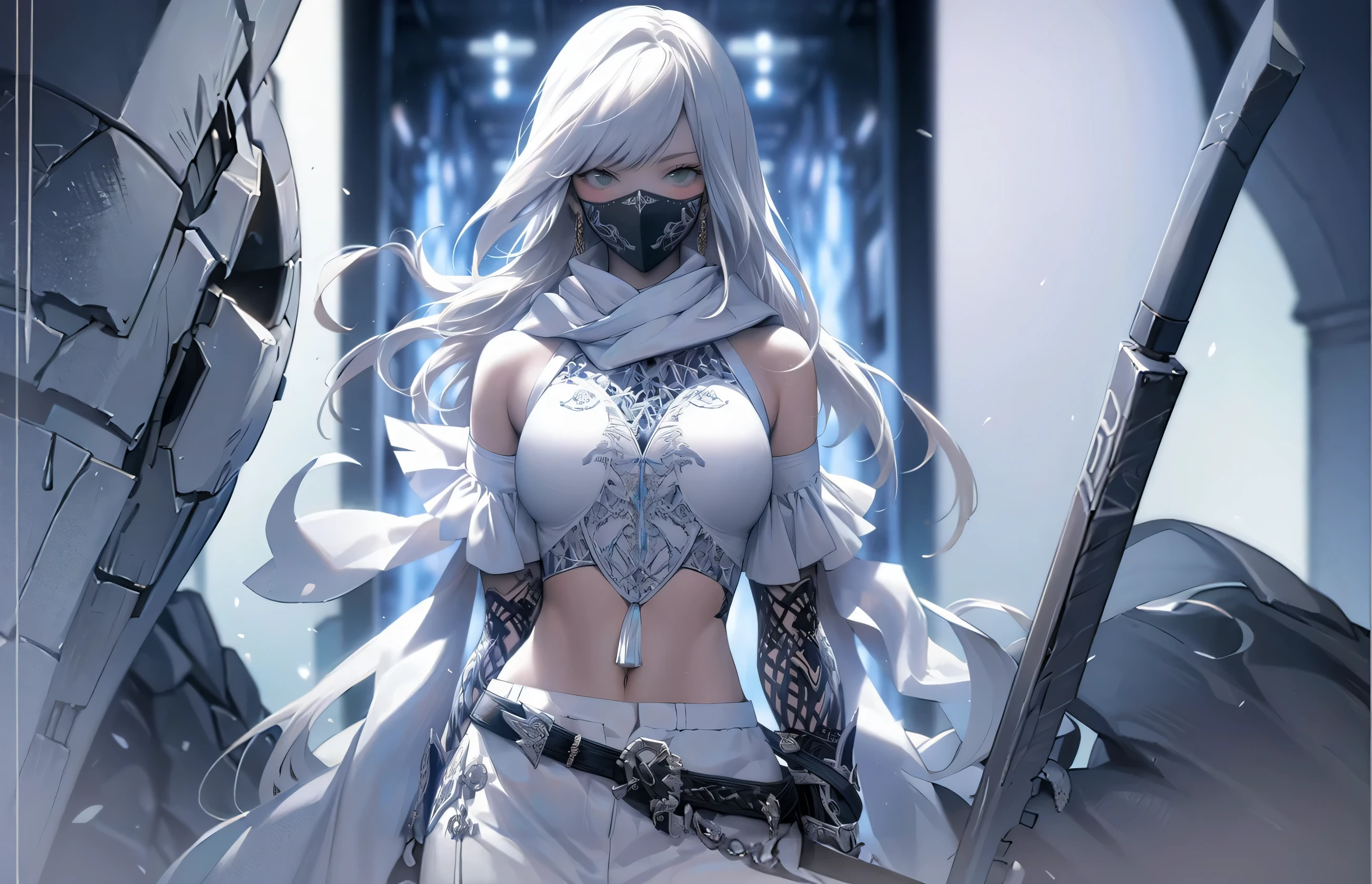 a close-up of a woman in a mask and a white dress, Nier autoamata, Nier inspired, Nier 2 b, Armadura Branca, epic and exquisite character art, trends on artstation pixiv, intricate Armadura Branca, arte de anime limpa e detalhada, arte de personagem impressionante, mas a armadura cobre seu rosto, Nier, arte detalhada de personagem de anime, Arte detalhada de alta qualidade 8k