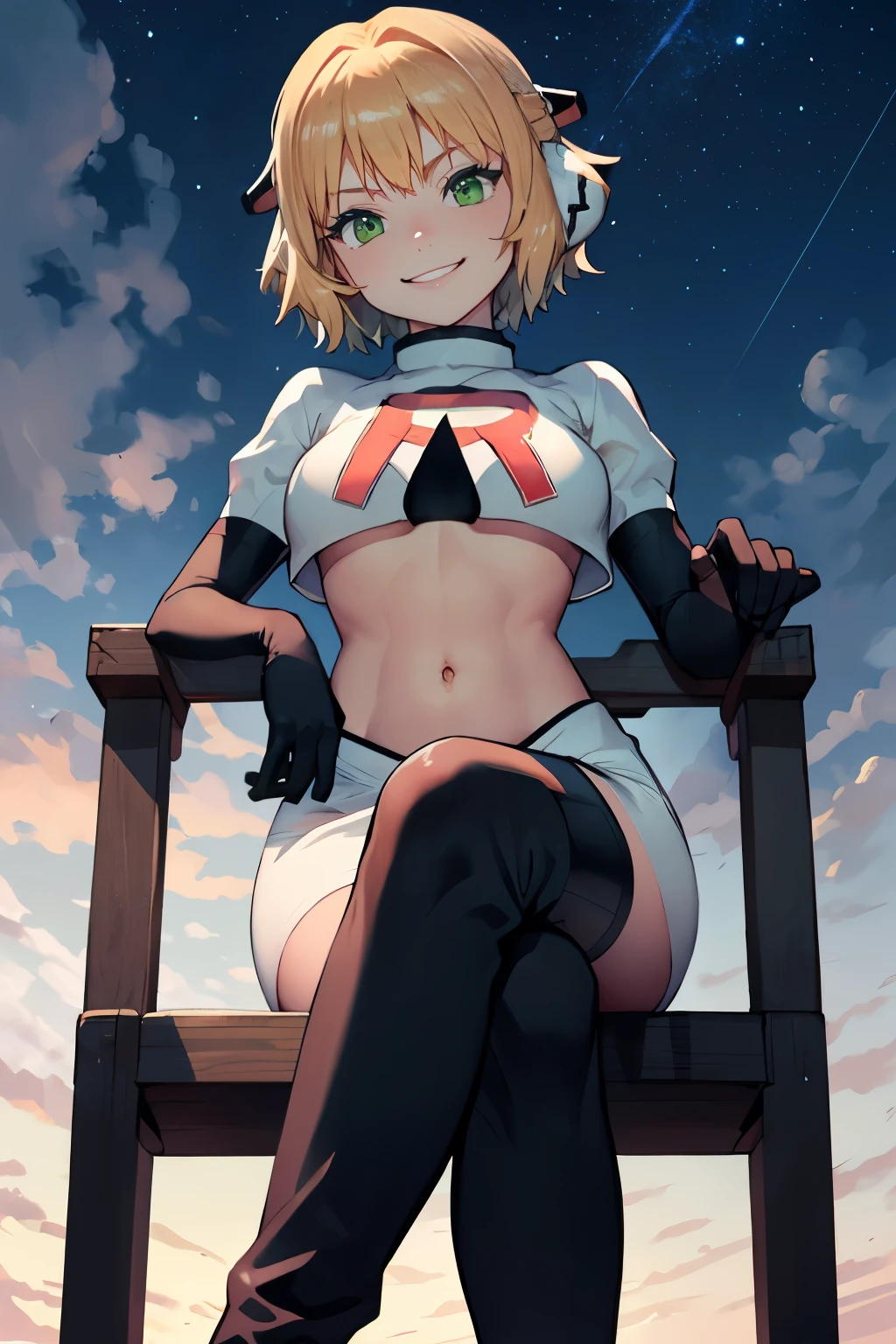 fioramechon, short hair, blonde hair, green eyes ,glossy lips ,team rocket uniform, red letter R, white skirt,white crop top,black thigh-high boots, black elbow gloves, evil smile, sitting down, looking down on viewer ,legs crossed, night sky background