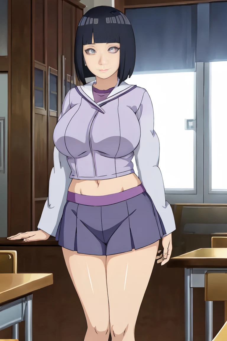 (artwork, best quality, anime style:1.3), Hinata\(boruto\), mature woman, (Full body shot:1.05), (School uniform:1.2), standing, classroom, Milf, ( curvy:0.8), Alone, short hair, Hime cut, (dark blue hair color:1.1), micro shorts, zetai ryouiki, white thighs, huge breasts, exposed breasts, perfect eyes, anime eyes, smoky eyeliner, eyeshadow , perfect face, shy, sharp focus, Professional art, intricate details, colorful, vibrant colors, vivid colors, diffuse lighting, digital blending, ultra detailed body, ultra detail hair, ultra detailed face, trends on pixiv.