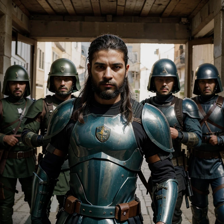 Crie uma imagem de um soldado grego na Antiguidade, with your armor going into battle, with a serious expression, together with your squad. O quadro deve estar usando uma escala colorida, to make it look as real as possible.