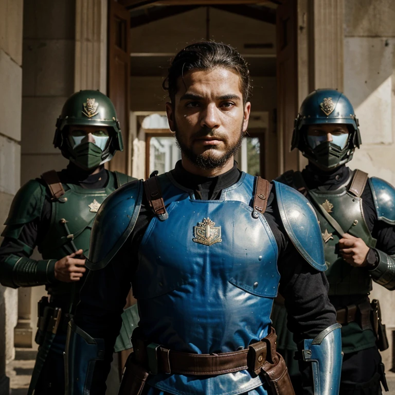 Crie uma imagem de um soldado grego na Antiguidade, with your armor going into battle, with a serious expression, together with your squad. O quadro deve estar usando uma escala colorida, to make it look as real as possible.