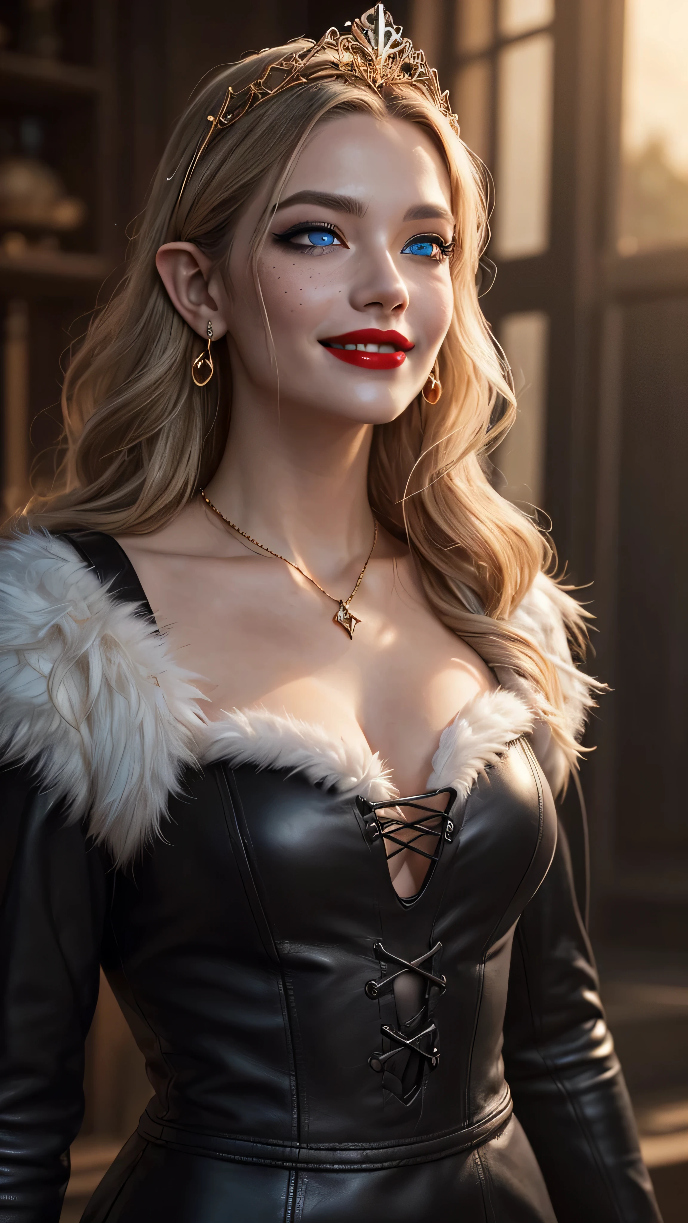 ((best quality: 1.5)) ((masterpiece: 0.8)), intricate details, sharp focus, professional, real life, realistic representation of the face, dim volumetric lighting, dynamic pose, in the style of realistic and hyper detailed renderings BREAK ((((detailed mature 40year elven woman, ((blackout gothic eye makeup, decolletage, red lips, strong square cleft chin, smiling), diamond tiara, golden hour, pale green eyes, long wavy white hair, fur trim leather dress)), emerald necklace), nose piercing), freckles: 1.0), photorealistic, hyper-realistic, 8K