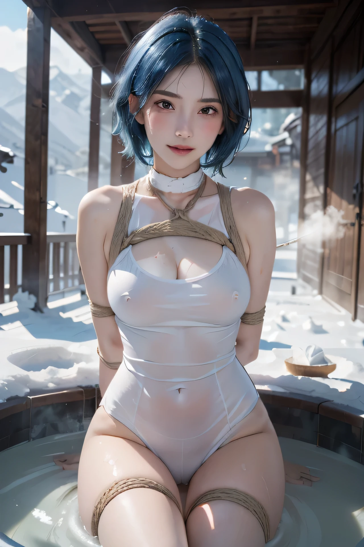 (photorealistic:1.3, highest quality:1.3,8Kmasterpiece, masterpiece:1.3,High resolution,muste piece:1.2),A 23-year-old woman bathed in a hot spring,(white leotard:1.3,choker), Clean wet skin, (looking at the camera:1.2),angle(Photo seen from below:1.3),(short hair:1.2,bright blue hair:1.5), (blushing:1.3,embarrassing:1.1,Smile:1.1), (full of sweat:1.3),Red rope,(rope bondage,Shibari:1.6, chest bondage:1.5),Pause(足を広げた大胆なPause,ダイナミックPause:1.2),background(open-air bath,steam,vapor,snow scene,snow mountain:1.3, sunrise:1.3),(Wet clothes stuck to my skin:1.4),(Nipples visible through clothing),(genitals visible through clothing),(Butt visible through clothes),(slender, abs:1.2),(young skinny gravure idol, sophisticated gravure idol),(detailed perfect face),normal hands:1.5,normal finger:1:5,normal feet:1.5,(cameltoe)
