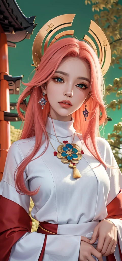 (obra de arte, Excelente, 1 garota, Sozinho, detalhes complexos, Color difference), realismo, ((medium breath)), fora dos ombros, seios grandes, sexy, sim miko, cabelo rosa longo, cocar vermelho, realce vermelho, cabelo acima de um olho, olhos verdes, brincos, olhos afiados, perfectly symmetrical figure, gargantilha, camisa neon, jaqueta aberta, crop turtleneck sweater, contra a parede, parede de tijolos, grafite, Poor lighting, beco, looking at the audience, ((significar, sedutor, encantador)), ((fundo de flor de cerejeira ))),((Japanese temple background)))), (((Fundo brilhante no escuro)))