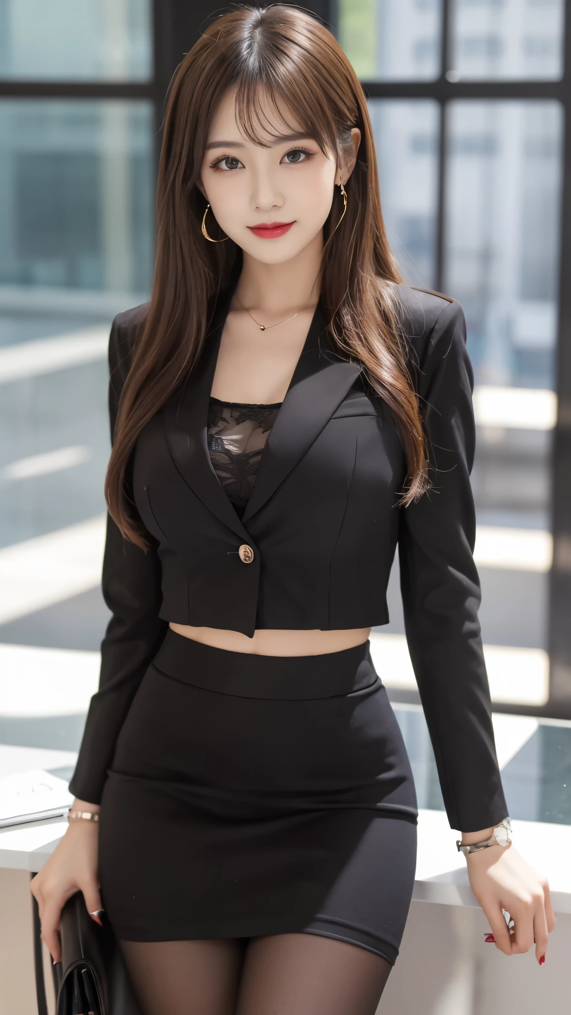 beautiful japanese woman，Photos taken by a professional photographer，Fancy makeup with red eyeshadow，double eyelid，The best smile，Delicate brown hair with short cut and side waves，big ring earrings，elegant legs，Wearing black high heels，long and thin legs, white shirt and super miniskirt, long legs, standing during class, very beautiful slim legs, とても美しいlong and thin legs, sitting at desk, Business service, beautiful feet, good hips and long legs, beautiful feet, black tights，black stockings，black pantyhose，random pose，