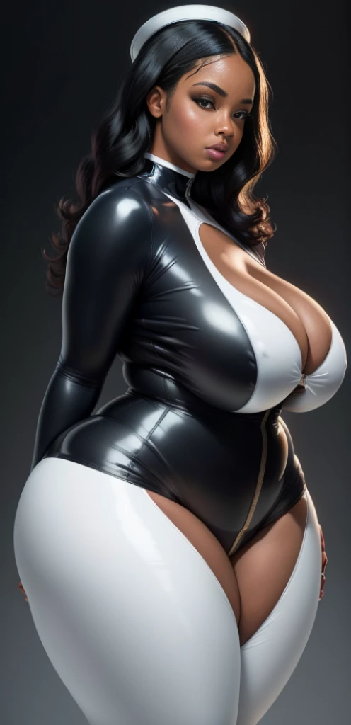 "An ultra-detailed 8k masterpiece of better quality and high saturation well focused. The image features an outfit illustration featuring a beautiful plus size black woman wearing a super tight sexy white LEATHER BODYSUIT, including a blue background, long legs, CLEAVAGE:1.3, FROM SIDE:1.3."